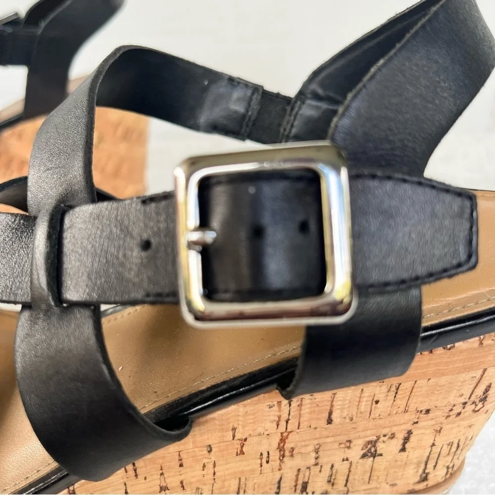 Franco Sarto Women's Leather Black and Tan Cork Strappy Wedge Sandals Size 9M